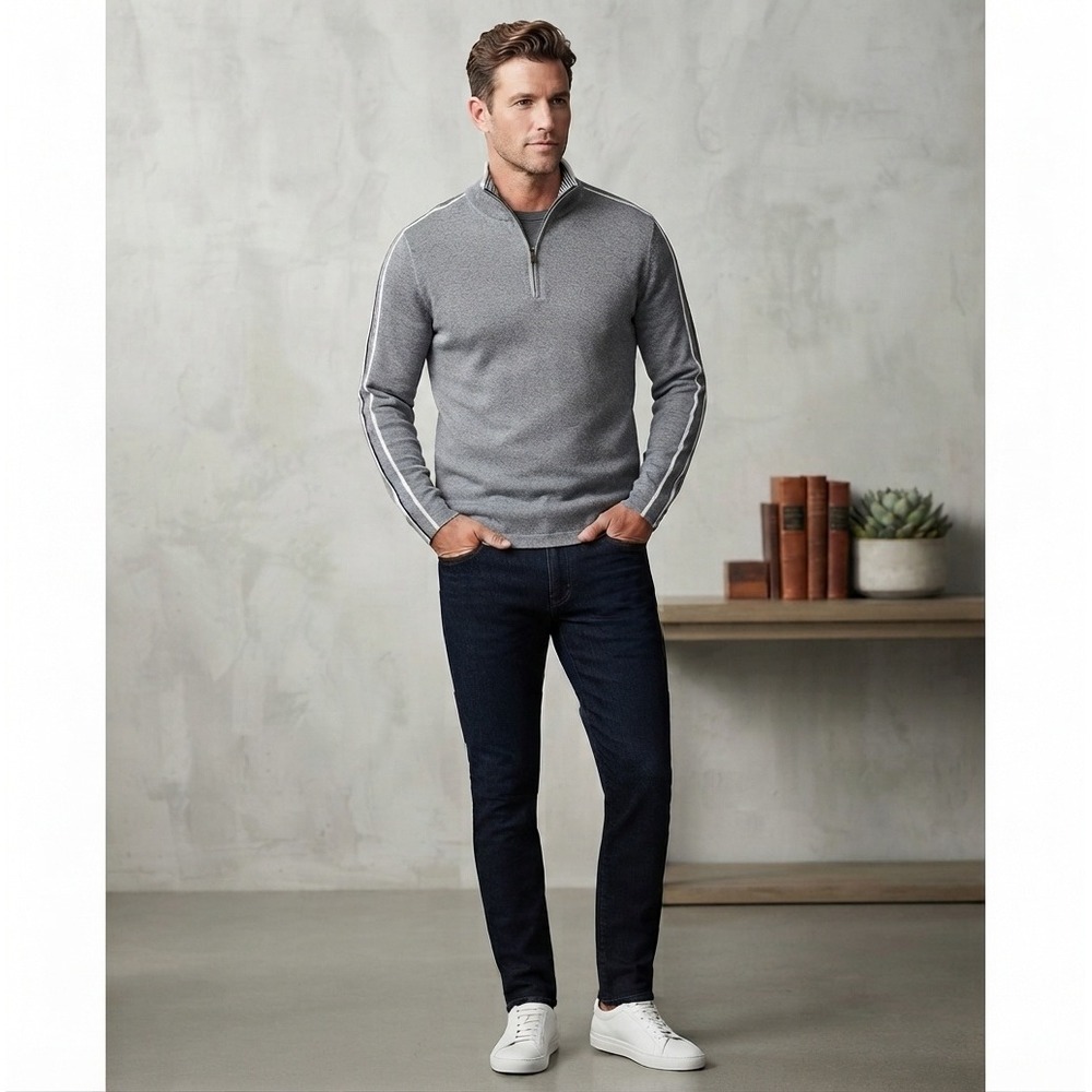 Sebastian Cooper 1/4 Zip Men's Sweater Charcoal With Arm Stripes‎ Size Large